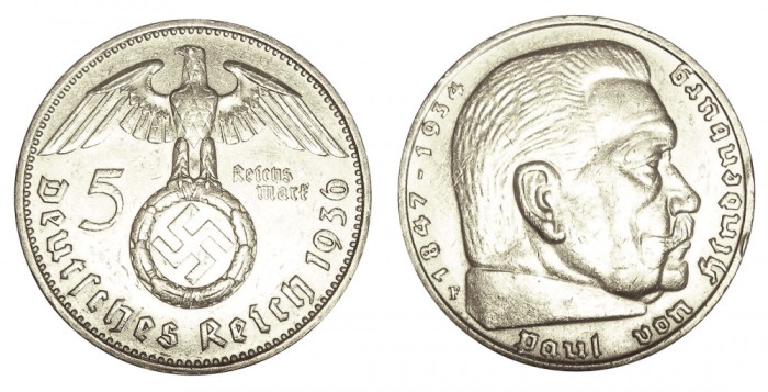 q408 GERMANIA NAZISTA 5 MARCI REICHS MARK 1936 F ARGINT EF