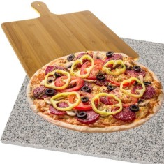 Piatra granit pentru pizza, spatula bambus, coacere uniforma in cuptor, set 2 in 1 foto