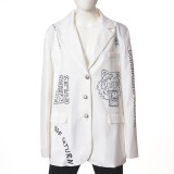 Sacou alb oversize cu imprimeu grafic si text