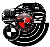 Ceas de perete decorativ realizat din disc de vinil, Model BMW X5 / X7 SUV Auto, Negru, 30 cm