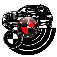 Ceas de perete decorativ realizat din disc de vinil, Model BMW X5 / X7 SUV Auto, Negru, 30 cm