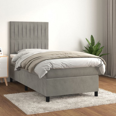 vidaXL Pat box spring cu saltea, gri deschis, 90x190 cm, catifea foto