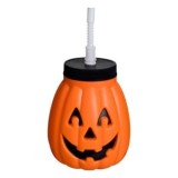 Pahar de Halloween din plastic, Formă de Dovleac, cu Pai, Portocaliu, CMCLASS