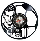 Ceas de perete decorativ realizat din disc de vinil, Model Lionel Messi, Portret Fotbalist si Minge, Text Lionel Messi 10, Negru Premium, 30 cm