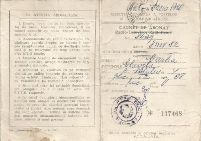 Romania, Directia Generala a Postelor si Telecom., Carnet de abonat radio, 1982 foto