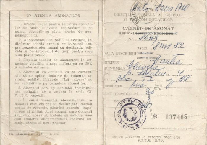 Romania, Directia Generala a Postelor si Telecom., Carnet de abonat radio, 1982