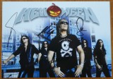 Autograf al membrilor formatiei de heavy metal germane Helloween pe fotografie, cu o a doua foto nesemnata si plicul de expediere