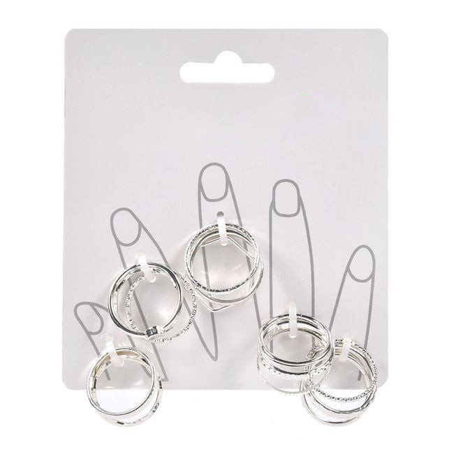 Set 15 Inele Dama cu Model Strass, Argintii - Marime: M L