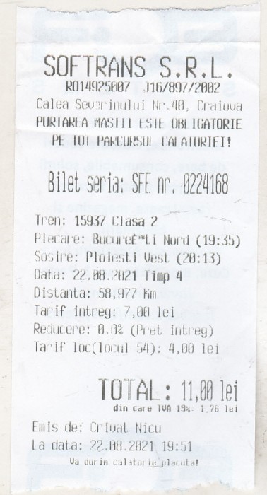 bnk div Softrans SRL - bilet tren 2021