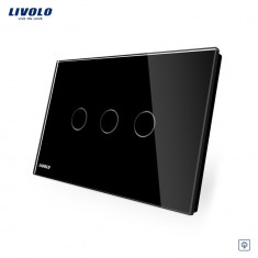 Intrerupator triplu cu variator cu touch Livolo din sticla standard italian, Negru, VL-C903D-82 foto