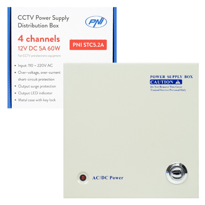 Aproape nou: Sursa alimentare CCTV PNI STC5.2A, 12V, 5A, 60W, 4 iesiri, in cutie me