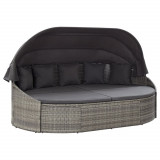 vidaXL Pat Șezlong Exterior cu Copertină, Gri Poliratan, 230x145 cm, Include Perne