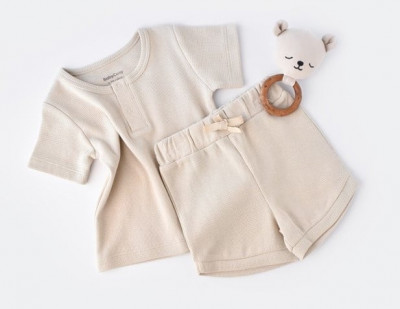 Set tricou cu pantaloni scurti - 100% bumbac organic - Stone, BabyCosy (Marime: 18-24 Luni) foto