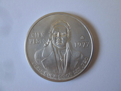 Mexic 100 Pesos 1977 argint UNC,greutate=28 grame/diametrul=39 mm foto
