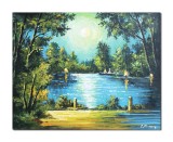 Tablou rasarit de soare, peisaj feeric din natura pictat manual, Calmitate, 50x40cm ulei pe panza, Constantin Feraru