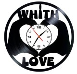 Ceas de Perete Decorativ &ldquo;With Love &ndash; Family Tree&rdquo;, din Disc Vinil Reciclat, Design Inimă și Păsări, Negru, Mecanism Silențios (Sweep), 30 cm