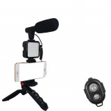 Kit de vlogging, trepied cu microfon tip pusca, suport pentru telefon, lumina led pentru filmari pe Youtube, inregistrare video, fotografie, compatibi, Oem