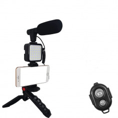 Kit de vlogging, trepied cu microfon tip pusca, suport pentru telefon, lumina led pentru filmari pe Youtube, inregistrare video, fotografie, compatibi