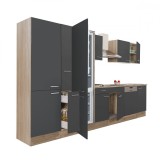 Mobilier de bucătărie Yorki 370, cu corp din stejar Sonoma, fațade antracit cu finisaj satinat, cu dulap cu rafturi și frigider cu congelator &icirc;n parte