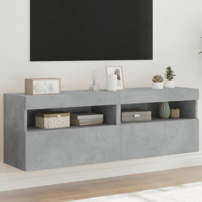 vidaXL Comode TV de perete cu lumini LED 2 buc. gri beton 60x30x40 cm 837190