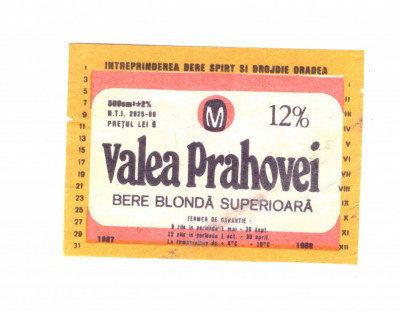 Eticheta Bere blonda superioara Valea Prahovei, 1988, stare buna foto