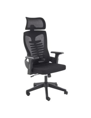 Scaun birou egonomic HM Polon, mesh, mecanism inclinare, baza polipropilena, suport lombar, tetiera, 100 kg, negru foto