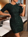 Rochie mini, cu aplicatii paiete si maneca scurta, verde, dama, Shein