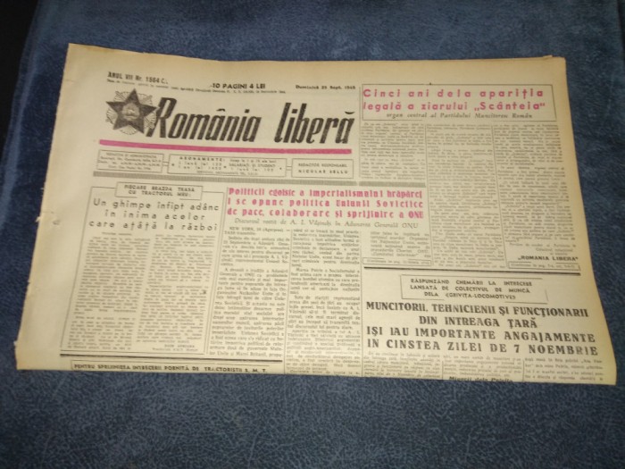 ZIARUL ROMANIA LIBERA 25 SEPTEMBRIE 1949