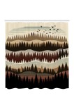 Perdea de duș din țesătură cu ilustrație Zigzag Pădure de Pin Sălbatic și c&acirc;rlige &ndash; Bej Burgundiu Ivoriu 175x200 cm