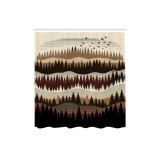 Perdea de duș din țesătură cu ilustrație Zigzag Pădure de Pin Sălbatic și c&acirc;rlige &ndash; Bej Burgundiu Ivoriu 175x200 cm