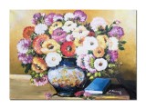 Cumpara ieftin Tablou cu flori si carte pictat manual in ulei pe panza, Poezie florala, 70x50cm, Constantin Feraru
