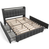 Pat cu tăblie USB și iluminare LED, 4 sertare, structură din lemn, tăblie tapițată, 140x200 cm, Gri