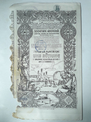 500 Lei 1938 Banca Romaneasca actiuni vechi / Romania 560945 foto