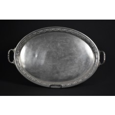 Tava veche din alama argintata - cu manere si bordura decorate floral - cca.1900 / dimensiuni mari
