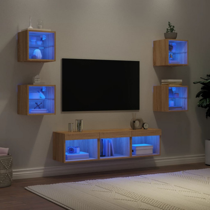 vidaXL Unități de perete TV cu LED-uri, 7 piese, stejar sonoma, lemn