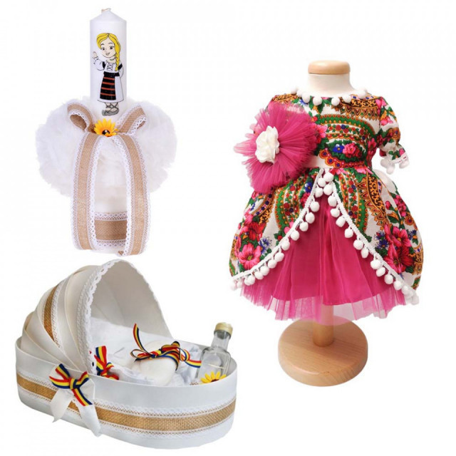 Set botez traditional fetita, trusou botez landou, lumanare si costum