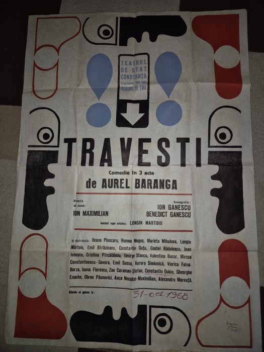 afis teatrul de stat constanta - octombrie 1968 - piesa travesti - 100/70 cm