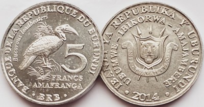 1775 Burundi 5 Francs 2014 Southern ground hornbill km 29 UNC foto