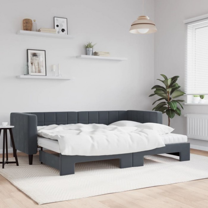 vidaXL Pat de zi cu extensie și saltele gri &icirc;nchis 80x200 cm catifea 3196709