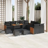 Set de sofa de grădină vidaXL 14 piese cu perne negre din ratan polițat și acacia, Sofa de grădină vidaXL 2 locuri cu perne negre din ratan polițat, S