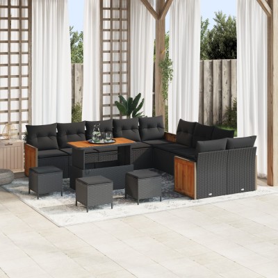 Set de canapea pentru gradina Gossi cu perne negru poli ratan acacia, set de dining pentru gradina Gossi cu 4 piese cu perne negru poli ratan acacia foto