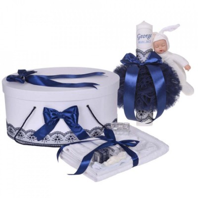 Set trusou botez, cutie trusou si lumanare personalizata cu nume, decor foto