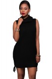 Rochie Scurta Tricotata Neagra Guler Inalt Snur Decupaje Laterale Casual Mulata Fara Maneci Acrylic L