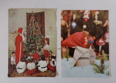 Lot 2 felicitari vechi romnesti anii 80 sarbatori iarna, Mos Craciun, copii in jurul bradului, jucaie colindator, scrise, necirculate foto