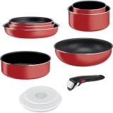 Set 10 piese Tefal Ingenio Easy Cook &amp;amp; Clean, invelis antiaderent Titanium, indicator temperatura Thermo-Signal, maner detasabil, rosu