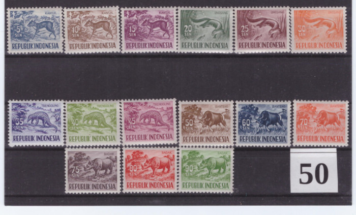 50-INDONEZIA 1956-1958-FAUNA-ANIMALE-Serie completa de 15 timbre nestampilate,NH