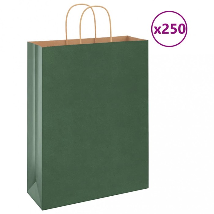 vidaXL Saci de h&acirc;rtie 250 buc cu m&acirc;nere verde 32x12x42 cm