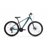 Bicicleta MTB Pegas Drumet, cadru aluminiu, marime XS, 24 viteze, manete schimbator Shimano, frane disc fata/spate, roti 27.5 inch, Turcoaz