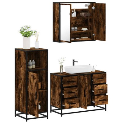 vidaXL Set mobilier de baie, 3 piese, stejar fumuriu, lemn prelucrat 3300962 foto
