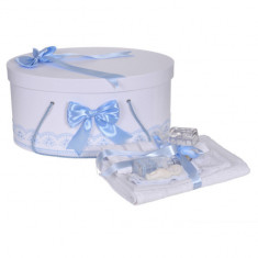 Set trusou botez si cutie trusou, dantela si fundite, decor Bleu, Denikos® 843